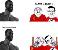 badge bloodshot_eyes closed_mouth clothes communism crying dead ear flag gigachad glasses hair hammer_and_sickle hanging mustache nas:gigachad nazism open_mouth purple_hair rope russo_ukrainian_war smile soyjak stubble subvariant:chudjak_front subvariant:patrick suicide swastika text tongue tranny ukraine variant:bernd variant:chudjak yellow_teeth // 1751x1515 // 865.7KB