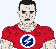 british_union_of_fascists brown_eyes buff fascism flash_and_circle_(symbol) hair mustache oswald_mosley red_shirt subvariant:chudjak_front subvariant:muscular_chud variant:chudjak vein white_skin // 1059x929 // 94.4KB