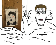 bed black_hair blowjob_machine box brown_hair cat_ear cigarette clothes forehead_lines green_eyes hair holding_object hole lips meta:namefags moistpepper_(user) pillow pink_lips series:me_and_your_mom subvariant:massjak subvariant:massmeowjak suit thub_(user) variant:gapejak variant:markiplier_soyjak // 745x600 // 202.4KB