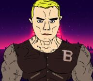 aryan blond blue_eyes clothes hotline_miami jacket_(hotline_miami) jewishautismaward78_(namefag) muscles muscular_male subvariant:chudjak_front subvariant:muscular_chud synthwave variant:chudjak video_game // 1059x929 // 409.0KB