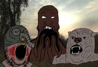 3soyjaks animal blood bloodsucker brown_skin ear fangs gas_mask grey_skin mask monster mutant open_mouth pseudodog sky snork snout soyjak stalker stubble trend:soyjak_trio variant:gapejak variant:markiplier_soyjak variant:tony_soprano_soyjak video_game white_eyes yellow_teeth // 828x569 // 365.2KB