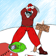 ack beheading christmas doc_martens fat glove glowing_eyes green_hair grinch north_pole ominous red_laces red_pants red_shirt santa_hat sign snow snowing sword total_aryan_victory transgender_flag variant:bernd variant:chudjak white_beard yellow_sclera // 1488x1488 // 408.1KB