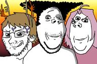 3_eyes 3soyjaks brown_hair chippledipple clothes ear female femjak gigglecorp glasses gradient hair keeby meta:tag_character_name multiple_eyes mustache ominous pink_hair pointy_nose smile soyjak stubble subvariant:wholesome_soyjak third_eye variant:gapejak variant:soyak vein // 1114x737 // 587.3KB