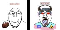 discord feminism football glasses horn nuclear_hazard_triangle open_mouth red_eyes smile snake_hair stubble text tranny troon variant:bernd // 1576x798 // 551.6KB