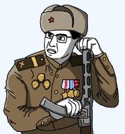 clothes communism epaulettes glasses gun hat holding_object looking_to_the_left medal military military_uniform ppsh-41 soviet_army_uniform soviet_union star_(symbol) ushanka variant:chudjak world_war_2 // 601x646 // 30.8KB