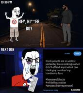 angry arm black_eye black_skin clothes crying full_body glasses hair hand keyboard leh nazism open_mouth racism red_eyes soyjak text twitter variant:chudjak // 912x1024 // 132.4KB