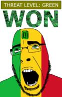 ahegao country emerald flag flag:mali gem glasses green green_eyes hair looking_up mali open_mouth schlog_color_event soyjak soyjak_blog stubble teeth text threat_level_green variant:cobson won // 721x1115 // 139.0KB