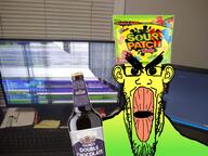 angry bottle candy chocolate_beer clothes computer ear flavorjak food glasses green hat incomprehensible_woahjack irl_background oh_my_god_she_is_so_attractive open_mouth sour sour_patch_kids soyjak stretched_mouth stubble variant:markiplier_soyjak yellow // 2048x1536 // 534.1KB