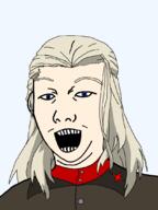 anime blond blue_eyes brown_shirt clara_(girls clothes ear girls_und_panzer happy kuz necktie open_mouth pravda pravda_uniform red_shirt red_star smile smirk soy soyjak soylent star stubble uniform variant:kuzjak vodka white_hair // 810x1080 // 32.6KB