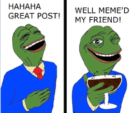 amphibian blue_shirt clothes frog holding_object laughing meme meta:not_oc nas:pepe pepe_the_frog suit suit_and_tie text