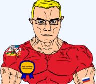 animal arm award blue_eyes buff christianity closed_mouth clothes dragon eastern_orthodox eyes_like_the_o-o-cean flag flag:moscow_oblast flag:russia glasses hair horse moscow_oblast orthodox_cross russia saint_george saint_george_and_the_dragon soyjak spear subvariant:chudjak_front subvariant:muscular_chud text transparent transparent_background tshirt variant:chudjak vein yellow_hair // 1059x929 // 93.8KB