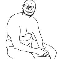 arm beard closed_mouth ear eyebrows fat glasses naked nipple sitting smile soyjak stubble variant:fghjkl wrinkles // 1024x1024 // 24.9KB