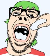 4chan anime clothes eyebrows glasses green_hair hair open_mouth soyjak stubble transparent transparent_background variant:dubbbzjak yotsoyba // 340x380 // 9.6KB