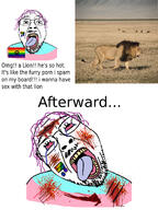 animal blood bloodshot_eyes comic crying dead flag furry glasses gore hair lgbt lion open_mouth purple_hair soyjak stubble text tongue tranny variant:bernd yellow_teeth // 1012x1348 // 949.6KB