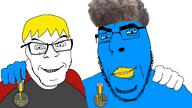 beak bird blue_skin closed_eyes closed_mouth friendship glasses hand medal nate no_more_brother_wars smile smug soyjak_party soyteen stubble twitter twitter_immigrant variant:cobson variant:feraljak yellow_hair zoomer_hair // 1920x1080 // 449.5KB