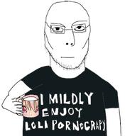 arm closed_mouth clothes glasses hand holding_object loli mug neutral science soyjak stubble tshirt variant:jasonjak // 1246x1363 // 375.1KB
