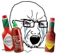 bloodshot_eyes bottle crying food glasses hot_sauce open_mouth soyjak sriracha stubble tabasco variant:soyak // 233x217 // 82.9KB