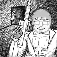 2soyjaks arm art buff doctor glasses glowing_eyes glowing_glasses gun hair hand m16 soyjak subvariant:dr_soystein subvariant:hornyson variant:cobson variant:markiplier_soyjak weapon // 750x750 // 184.0KB