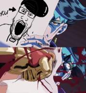 anime blood clothes crazy_diamond glasses hair hand higashikata_josuke jojos_bizarre_adventure kishibe_rohan paper pompadour portrayed_as_the_soyjak punch soyjak stand_(jojo) stubble text variant:markiplier_soyjak // 1051x1136 // 1.1MB