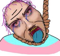 bloodshot_eyes contrapoints crying flag hanging irl rope soyjak stubble suicide tongue tranny variant:bernd yellow_teeth // 769x720 // 482.8KB