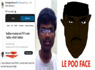2013 angry black_skin bleached brown_skin chud_(boorufag) chud_(soybooru) eyebrows glasses hair incel inda indian jeet le_pol_face lips loser mustache pajeet pun subvariant:chudjak_front twitter variant:chudjak // 2048x1504 // 1.3MB