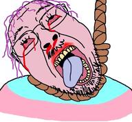 blood bloodshot_eyes clothes crying flag glasses hair hanging mustache open_mouth pink pink_skin purple_hair rope soyjak stubble suicide tongue tranny variant:bernd yellow_teeth // 760x704 // 323.0KB