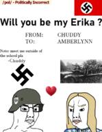 2soyjaks clothes erika female flag heart helmet irl meme nazi_germany nazism pol_(4chan) poster schutzstaffel soyjak subvariant:female_chudjak swastika text trad_wife valentine variant:chudjak yellow_hair // 527x680 // 171.8KB
