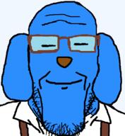 blue_skin calm closed_eyes closed_mouth clothes dog glasses janny smile soyjak stubble suspenders variant:markiplier_soyjak // 600x650 // 7.4KB