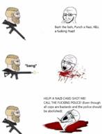 antifa ar-15 blond blond_beard blood chud crying glasses nazism screaming stubble text variant:soyak // 663x866 // 271.9KB