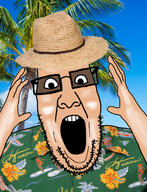 arm beach glasses green_shirt hand irl_background open_mouth palm_tree people's_populist_press soyjak straw_hat stubble summer sunglasses sunscreen variant:ppp // 946x1237 // 1.3MB