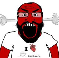 2soyjaks angry balding beard closed_mouth clothes fume glasses i_love open_mouth red_face smile soybooru soyjak subvariant:science_lover text tshirt variant:a24_slowburn_soyjak variant:markiplier_soyjak // 800x789 // 154.1KB