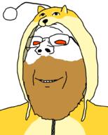 antenna beard bloodshot_eyes brown_beard clothes dog doge glasses hood hoodie jacket reddit redditard roygbivsloweddown smile soyjak subvariant:wholesome_soyjak variant:gapejak zipper // 800x1000 // 23.6KB