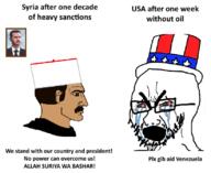 angry bashar_alassad bloodshot_eyes clothes crying glasses hat nordic_chad open_mouth soyjak stubble syria text thick_eyebrows uncle_sam united_states variant:cryboy_soyjak venezuela // 821x672 // 234.5KB