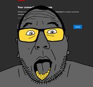 ear glasses grey_skin hair open_mouth soot soot_colors soybooru soyjak soyjak_party stubble text variant:unknown yellow_teeth // 868x812 // 34.2KB