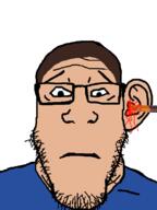 blood blue_eyes blue_shirt brown_skin butthole_surfers closed_mouth ear glasses hair neutral pencil scared soyjak stubble subvariant:neutralplier variant:markiplier_soyjak // 600x800 // 41.0KB