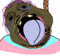 ack bloodshot_eyes brown_skin brown_troonjak crying distorted froot glasses hanging mucus open_mouth purple_hair rope soyjak stubble tranny transgender_flag variant:bernd // 768x719 // 98.9KB