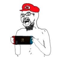 arm beard clothes glasses hand hat holding_object mario mustache nintendo nintendo_switch open_mouth soyjak variant:unknown video_game // 458x456 // 78.6KB