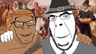animal_pelt background belt_buckle brown_skin button clothes eyes_open feather glasses grin headdress indian meta:tagme native native_american no_more_brother_wars painting pelt pilgrim red_skin smile stubble suit thanksgiving variant:cobson variant:feraljak white_sclera white_skin // 1920x1080 // 1.8MB