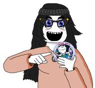 arm avengers beanie blue_eyes clothes glasses hair hand happy holding_object necklace nothing_is_beyond_our_reach soyjak_party variant:impish_soyak_ears variant:soytan // 646x598 // 44.3KB