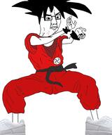 belt black_belt chud clothes dragon_ball full_body gi glasses hair nazism shoe son_goku soyjak swastika variant:chudjak // 800x959 // 234.5KB