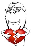 arm bald broken broken_heart glasses hand heart holding_object looking_down nose sad smile stubble subvariant:wholesome_soyjak teeth variant:gapejak white_background white_skin wrinkles // 676x1021 // 137.9KB