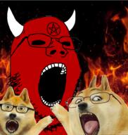 animal black_sclera demon dog doge ear facial_mark fire forehead_mark glasses horn leg mark_of_the_beast meme no_pupils open_mouth pentagram pentagram_forehead_mark pointing pointy_ears red_skin satan soy_parody soyjak star stubble tongue variant:gapejak variant:two_pointing_soyjaks // 567x598 // 344.7KB