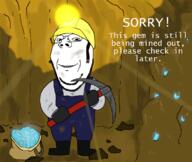 bag clothes full_body gem glasses hat holding_object light miner pickaxe soyjak stubble subvariant:wholesome_soyjak text underground variant:gapejak // 791x669 // 384.8KB