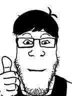 closed_mouth clothes glasses hair hand happy omori smile soyjak stubble subvariant:neutralplier sunny_(omori) thumbs_up variant:markiplier_soyjak video_game // 600x800 // 81.7KB