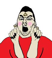 arm blush closed_mouth clothes earring fat glasses hair hand nikocado_avocado nose_piercing open_mouth painted_nails queen_of_spades redraw soyjak stubble tattoo text tshirt variant:cobson weird_al_yankovic // 467x515 // 45.5KB