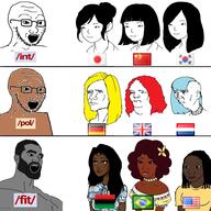 4chan africa asian beard blue_eyes brazil brown_skin china clothes dress female femjak fit_(4chan) flag flag:brazil flag:china flag:germany flag:japan flag:netherlands flag:pan-african flag:south_korea flag:united_kingdom flag:united_states germany gigachad glasses grey_skin int_(4chan) japan korea meme netherlands pol_(4chan) soyjak star star_(symbol) subvariant:trad_wife united_kingdom united_states variant:soyak wojak // 2898x2898 // 768.2KB