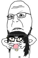angry anti_soytan arm beanie biting_lip bloodshot_eyes closed_mouth female glasses hair holding_object holding_severed_head open_mouth severed_head soyjak stubble total_sloptran_death variant:shotjak variant:soytan // 676x1021 // 162.8KB