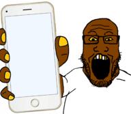 arm black_skin clothes glasses hand holding_object holding_phone iphone open_mouth phone soyjak stubble subvariant:phoneplier subvariant:phoneplier_vertical template variant:markiplier_soyjak // 2160x1884 // 810.4KB