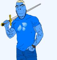 aryan blue_pants blue_shirt blue_skin buff clothes glasses holding_object holding_sword soyjak stubble sword transparent transparent_background tshirt variant:cobson vein watch waterpark weapon yellow_hair // 1834x1910 // 135.8KB