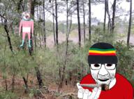 blood bloodshot_eyes blunt clothes crying flag forest full_body glasses hair hand hanging hat irl_background jamaica leg mustache neovagina open_mouth perro_hold purple_hair red_eyes rope soyjak stubble suicide tongue tranny tshirt variant:bernd variant:el_perro_rabioso weed yellow_teeth // 985x722 // 1.6MB